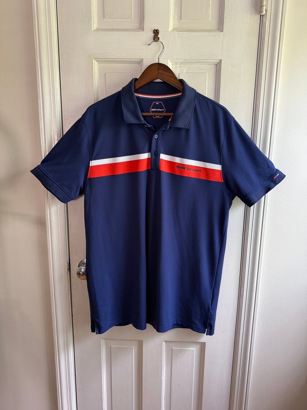 BMW Golfsport Men’s XL Polo Shirt Navy Blue Red White Stripe Performance EUC